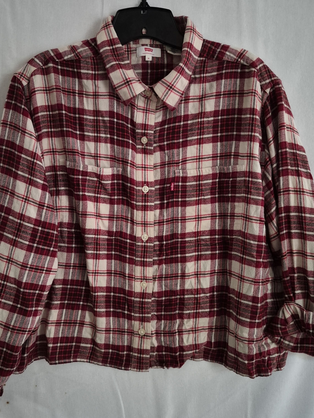 Levis Womens Red Plaid Long Sleeve Button Down Cropped Flannel Shirt Size M